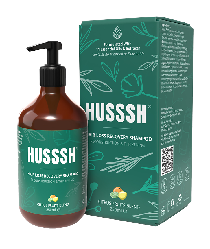 HUSSSH shampoo bottle and carton packaging